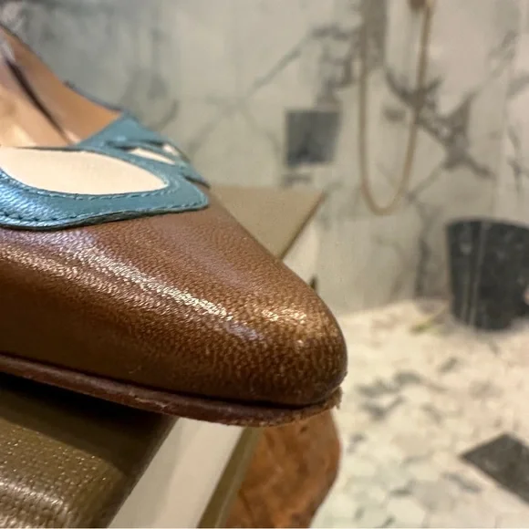 Jimmy Choo | 8 | Slingback Pumps Brown Teal Cutout Leather Pointed Toe 3” Heel - Picture 3 of 16